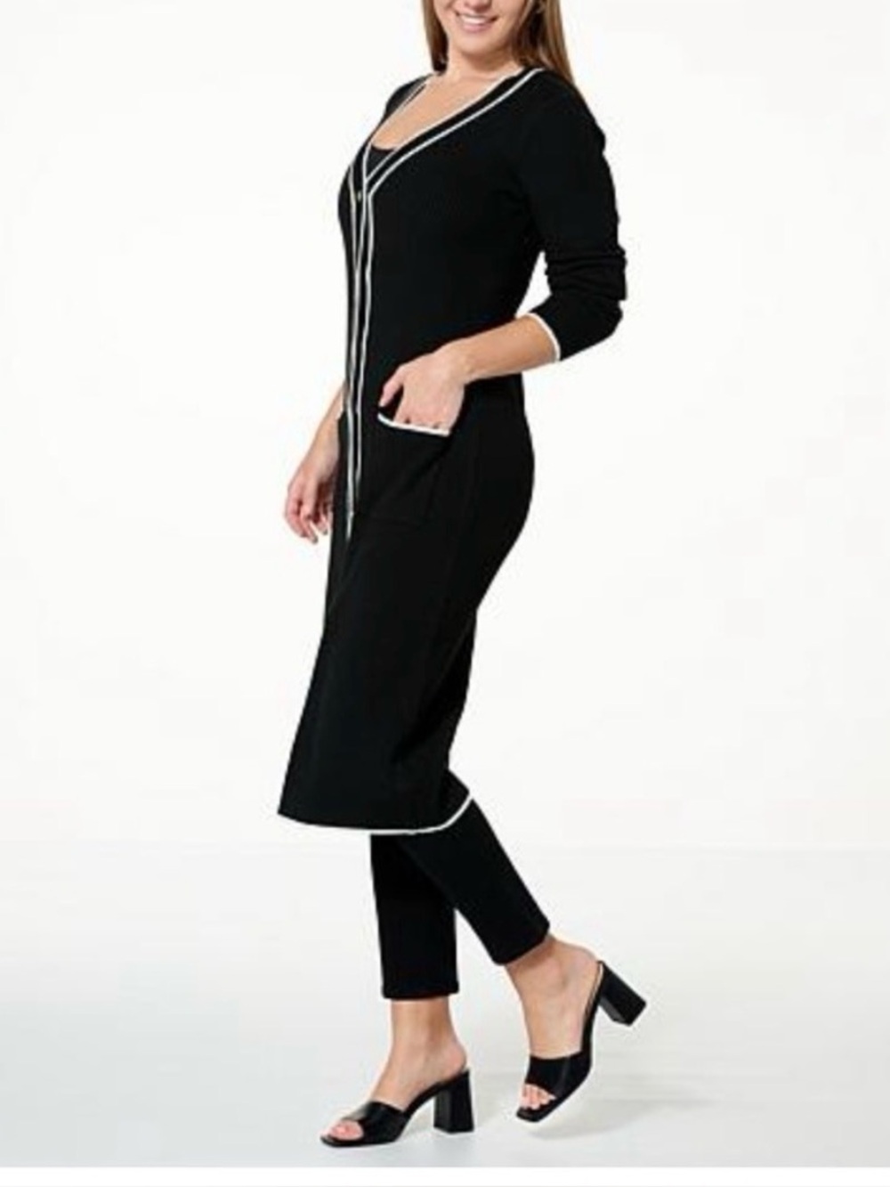 G by Giuliana Black Label V-Neck Long Duster Cardigan with White Trim size XL